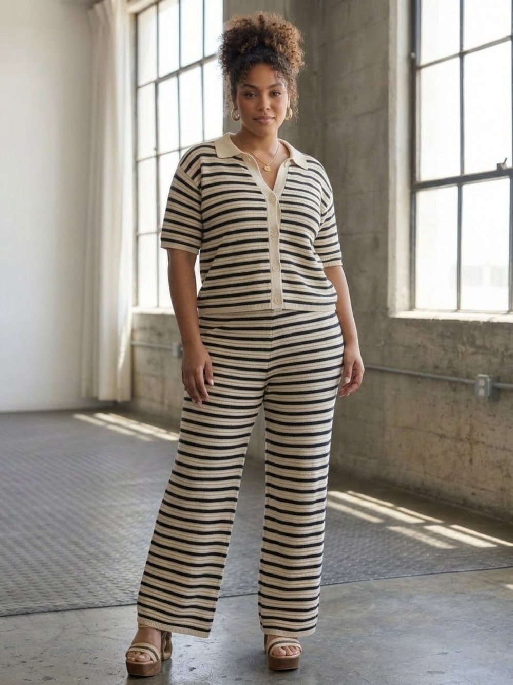 Striped Two-Piece Knit Lounge Set - Short Sleeve Polo Top & Wide Leg Pants - XL